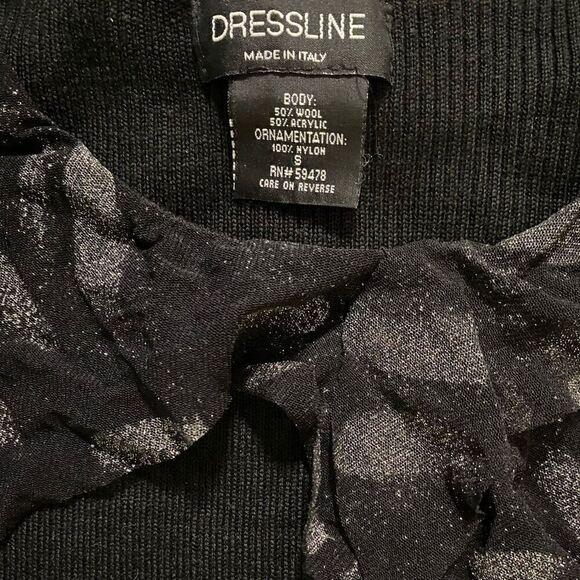 Black Wool Blend Ribbed Knit Glittery Ruffle Tulle Trim Sweater Size Small - Picture 3 of 5